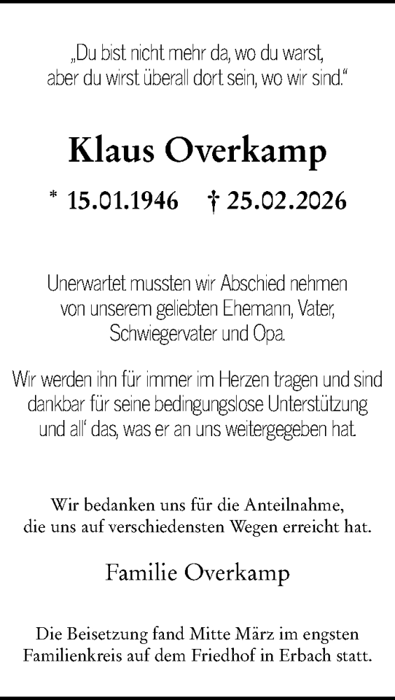  Traueranzeige für Klaus Overkamp vom 28.03.2026 aus Odenwälder Echo