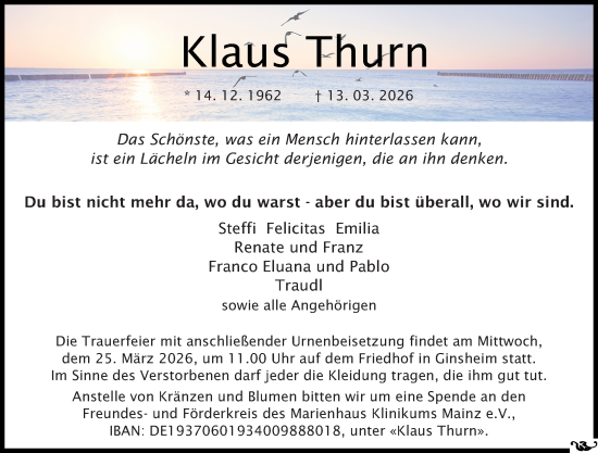 Traueranzeige von Klaus Thurn von Rüsselsheimer Echo