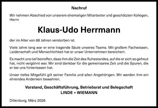 Traueranzeige von Klaus-Udo Herrmann von Dill Block
