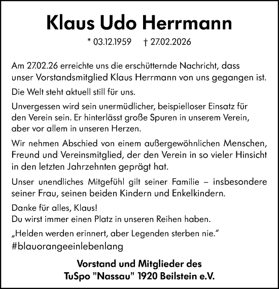 Traueranzeige von Klaus Udo Herrmann von Dill Block
