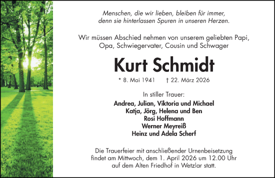 Traueranzeige von Kurt Schmidt von Wetzlarer Neue Zeitung
