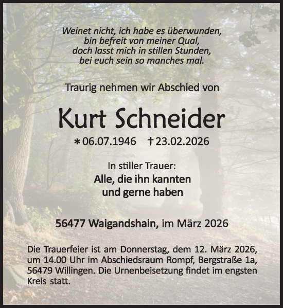 Traueranzeige von Kurt Schneider von Dill Block