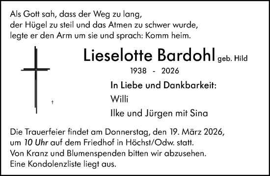 Traueranzeige von Lieselotte Bardohl von Odenwälder Echo
