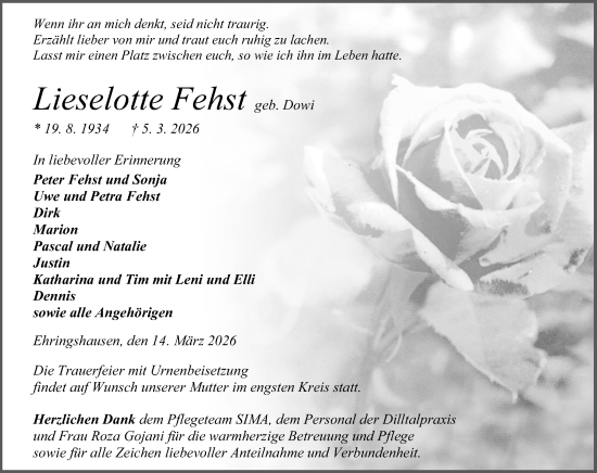 Traueranzeige von Lieselotte Fehst von Wetzlarer Neue Zeitung