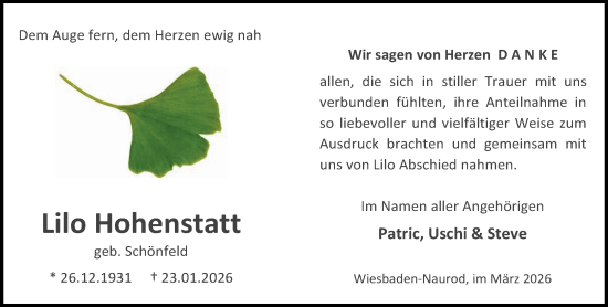 Traueranzeige von Lilo Hohenstatt von Wiesbadener Kurier