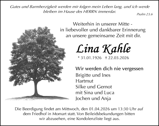 Traueranzeige von Lina Kahle von Odenwälder Echo