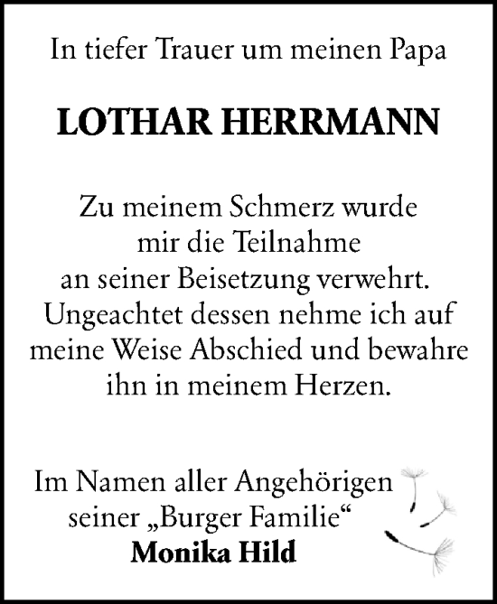Traueranzeige von Lothar Herrmann von Dill Block