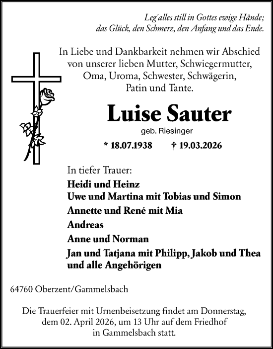 Traueranzeige von Luise Sauter von Odenwälder Echo