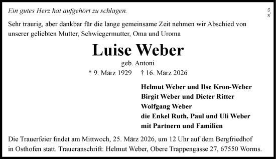 Traueranzeige von Luise Weber von Wormser Zeitung