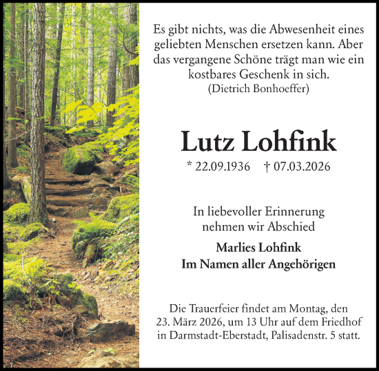 Traueranzeige von Lutz Lohfink von Darmstädter Echo
