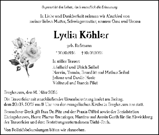Traueranzeige von Lydia Köhler von Wetzlarer Neue Zeitung