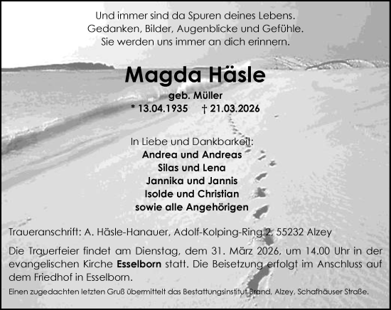 Traueranzeige von Magda Häsle von Allgemeine Zeitung Alzey