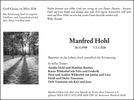 Traueranzeige von Manfred Hohl von Groß-Gerauer Echo