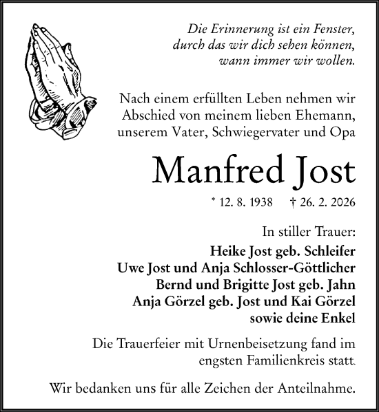 Traueranzeige von Manfred Jost von Wetzlarer Neue Zeitung