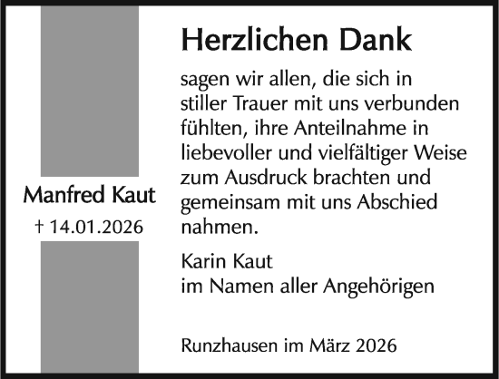 Traueranzeige von Manfred Kaut von Hinterländer Anzeiger