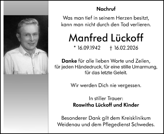 Traueranzeige von Manfred Lückoff von Dill Block