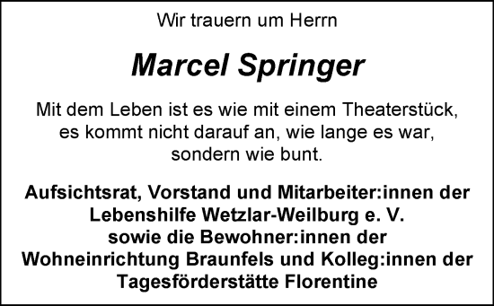 Traueranzeige von Marcel Springer von Weilburger Tageblatt