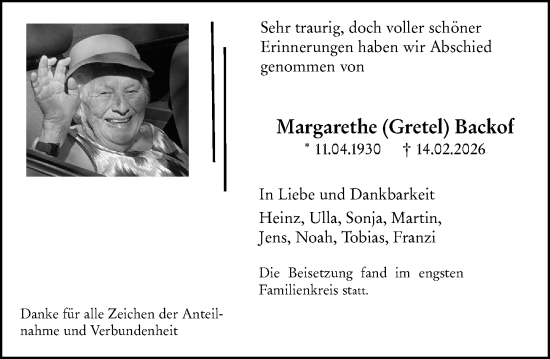 Traueranzeige von Margarethe Backof von Allgemeine Zeitung Mainz