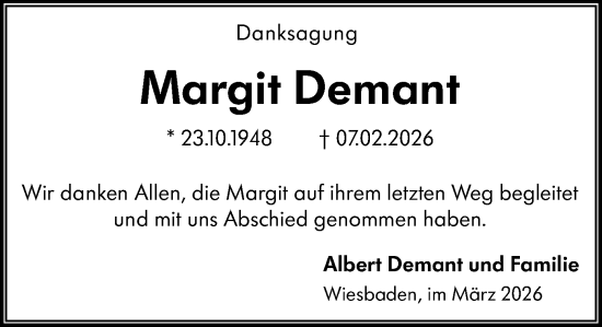 Traueranzeige von Margit Demant von Wiesbadener Kurier