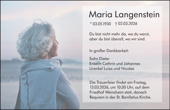 Traueranzeige von Maria Langenstein von Wormser Zeitung