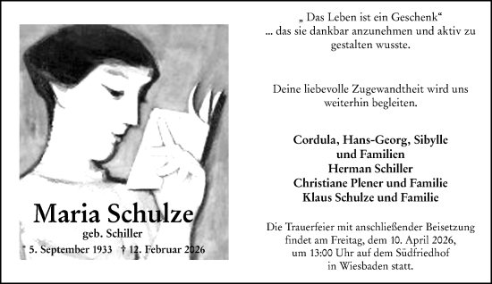 Traueranzeige von Maria Schulze von Wiesbadener Kurier