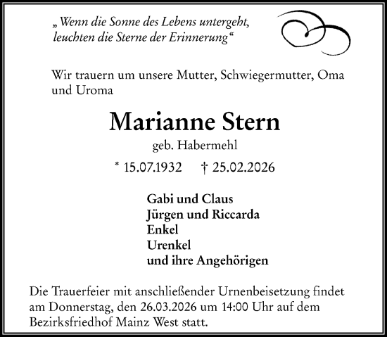 Traueranzeige von Marianne Stern von Allgemeine Zeitung Mainz
