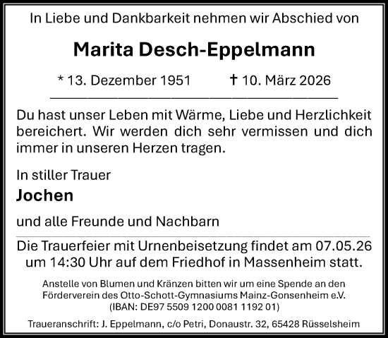 Traueranzeige von Marita Desch-Eppelmann von Wiesbadener Kurier