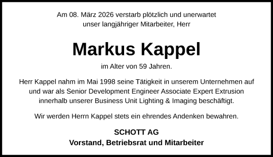 Traueranzeige von Markus Kappel von Allgemeine Zeitung Mainz