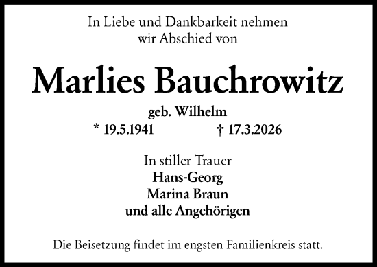 Traueranzeige von Marlies Bauchrowitz von Wiesbadener Kurier