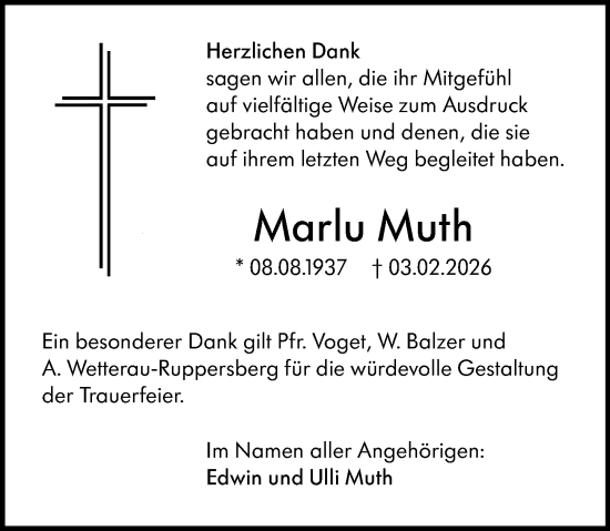 Traueranzeige von Marlu Muth von Hinterländer Anzeiger