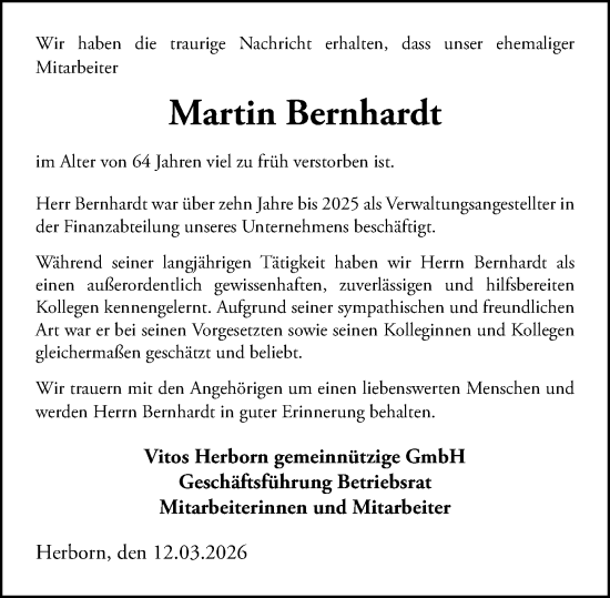 Traueranzeige von Martin Bernhardt von Dill Block