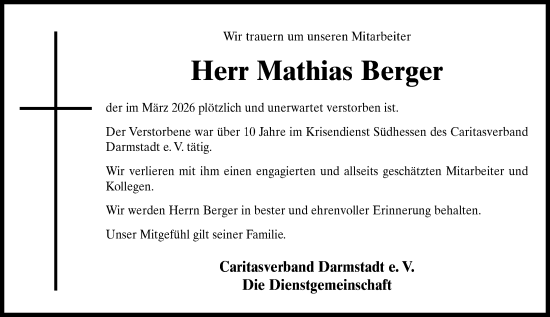 Traueranzeige von Mathias Berger von Darmstädter Echo
