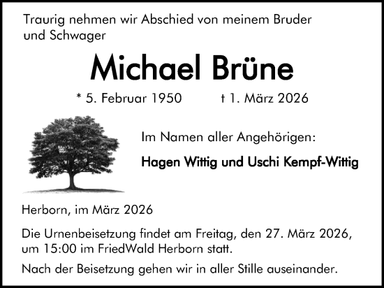 Traueranzeige von Michael Brüne von Dill Block