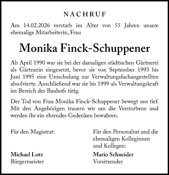 Traueranzeige von Monika Finck-Schuppener von Dill Block