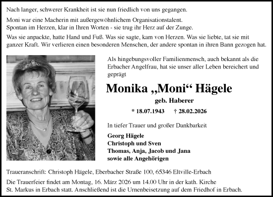 Traueranzeige von Monika Hägele von Rheingau Kurier