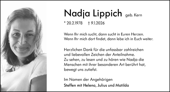 Traueranzeige von Nadja Lippich von Wetzlarer Neue Zeitung
