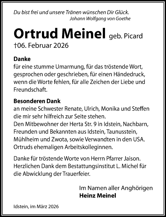 Traueranzeige von Ortrud Meinel von Rheingau-Taunus-Kreis Wochenblatt