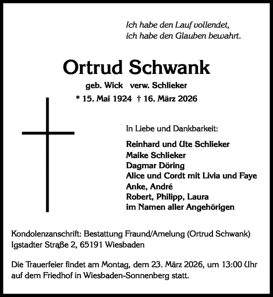 Traueranzeige von Ortrud Schwank von Wiesbadener Kurier