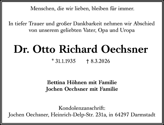 Traueranzeige von Otto Richard Oechsner von Darmstädter Echo