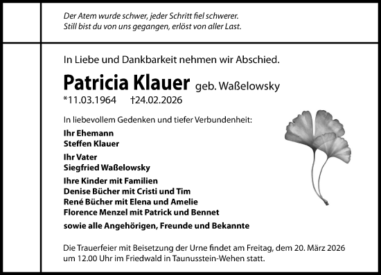 Traueranzeige von Patricia Klauer von Rheingau-Taunus-Kreis Wochenblatt