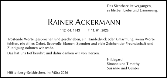 Traueranzeige von Rainer Ackermann von Wetzlarer Neue Zeitung