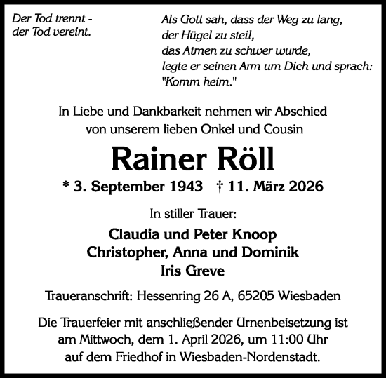 Traueranzeige von Rainer Röll von Wiesbadener Kurier