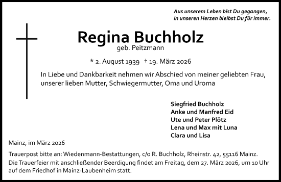 Traueranzeige von Regina Buchholz von Allgemeine Zeitung Mainz