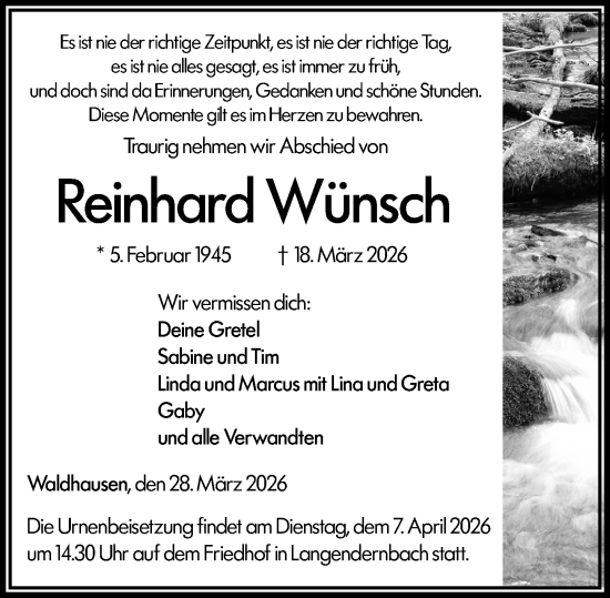 Traueranzeige von Reinhard Wünsch von Weilburger Tageblatt