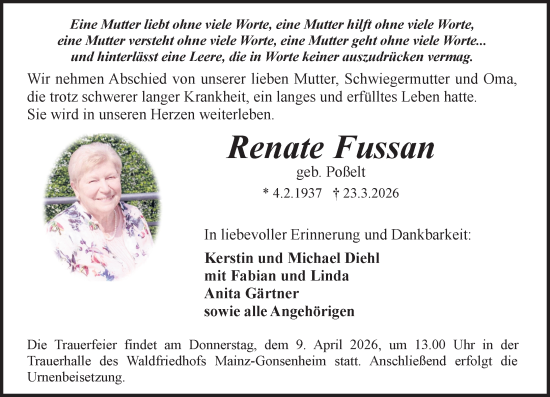 Traueranzeige von Renate Fussan von Allgemeine Zeitung Mainz