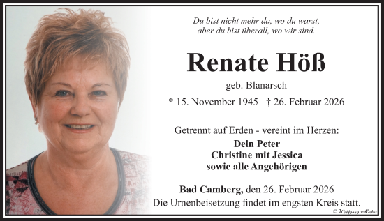 Traueranzeige von Renate Höß von Camberger Anzeiger