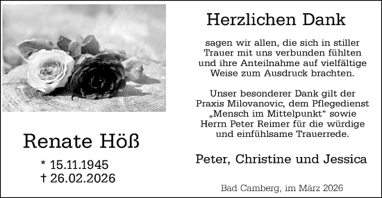 Traueranzeige von Renate Höß von Camberger Anzeiger