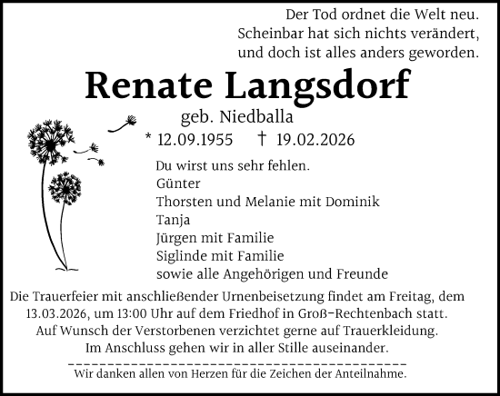 Traueranzeige von Renate Langsdorf von Wetzlarer Neue Zeitung