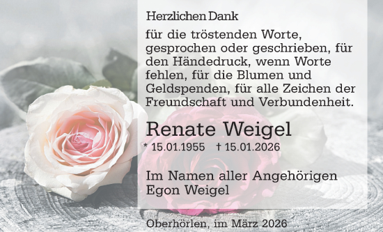 Traueranzeige von Renate Weigel von Hinterländer Anzeiger