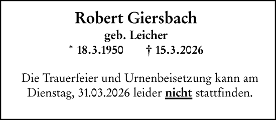 Traueranzeige von Robert Giersbach von Dill Block